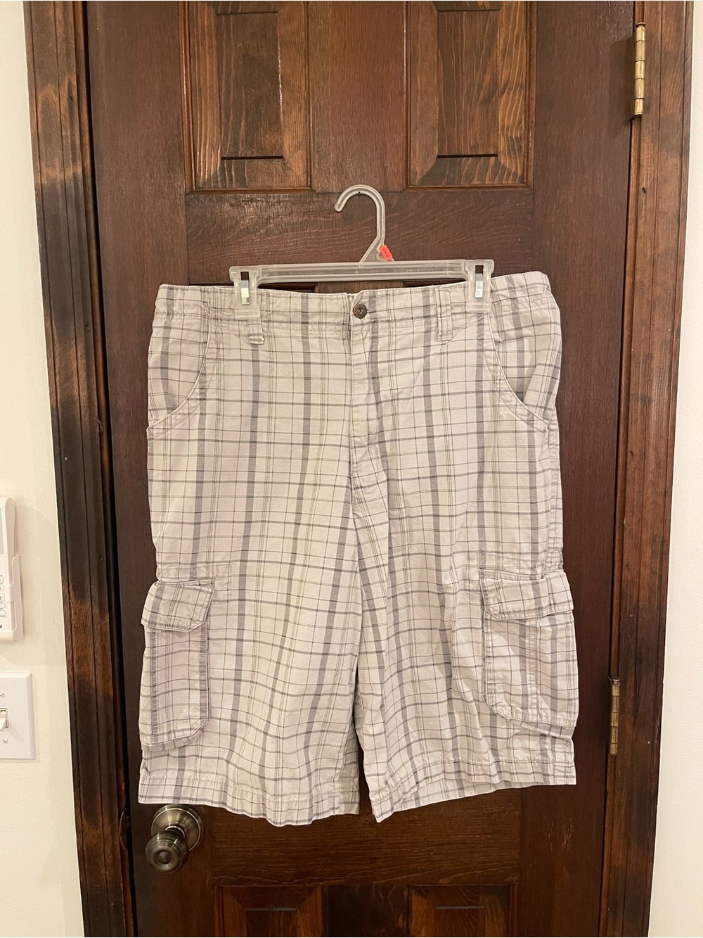 Vintage Dickies Plaid Cargo Shorts Relaxed Fit Gray Tan 38 Waist Y2K